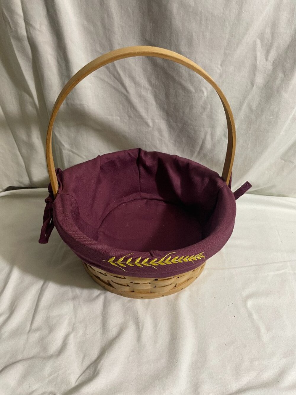 Vintage Woven Wood Round Basket w/ Burgundy Fabric Liner Swing Handle 9" Basket